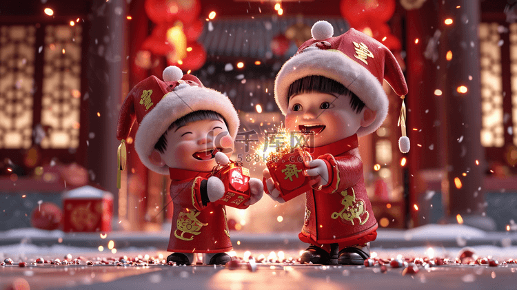 红色中国新年小孩子开心放鞭炮的插画8