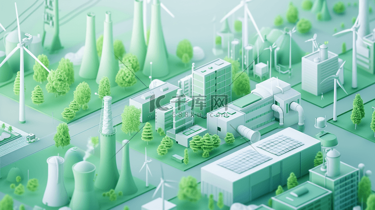 25D绿色化工厂立体模型的插画1