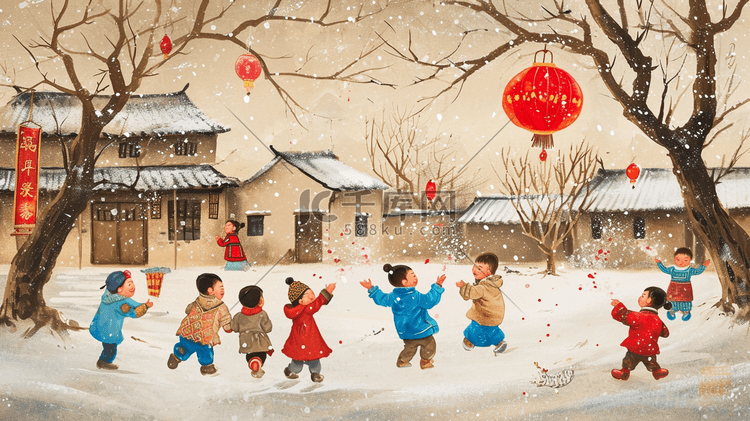 冬季雪景过年小孩放鞭炮的插画17