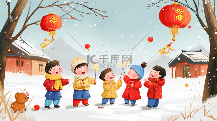 冬季雪景过年小孩放鞭炮的插画5