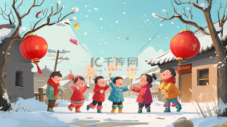 冬季雪景过年小孩放鞭炮的插画19