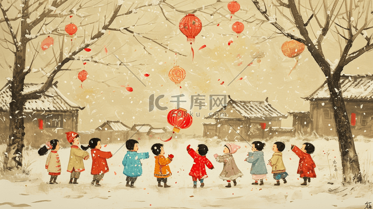 冬季雪景过年小孩放鞭炮的插画10