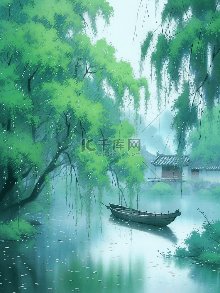 清明节绿色水面柳树雨水节气插画