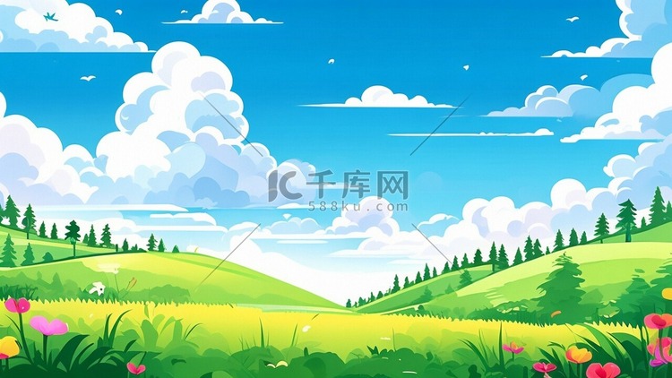 唯美天空蓝天白云草地手绘插画素材