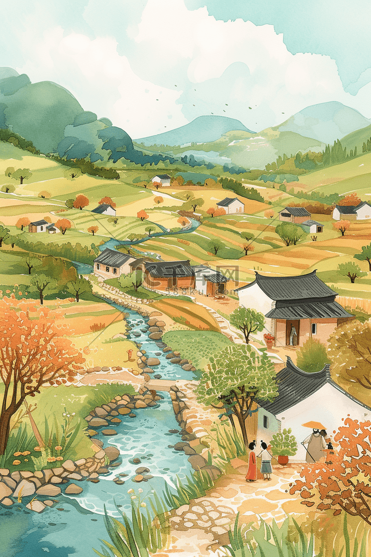 田间春天风景小溪手绘插画