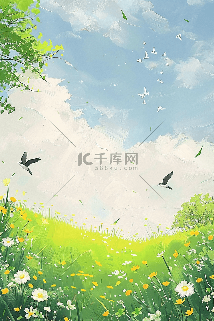 春天花朵风景绿草手绘插画