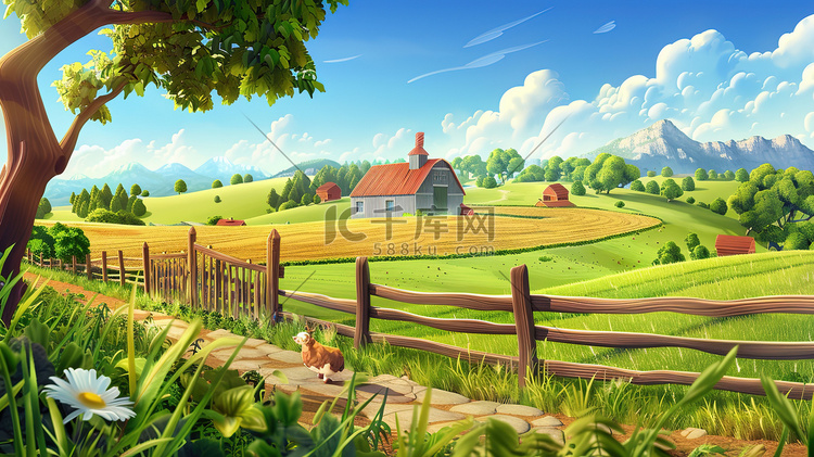 田野和木栅栏农场插画设计