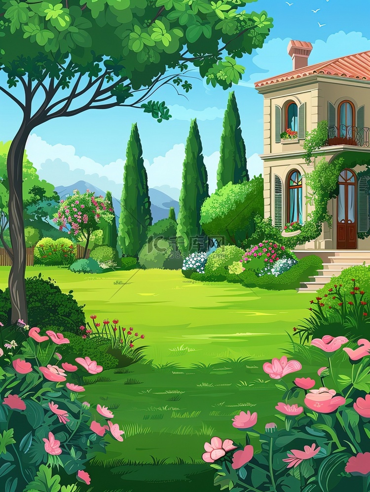 美丽的别墅花园草地春天素材