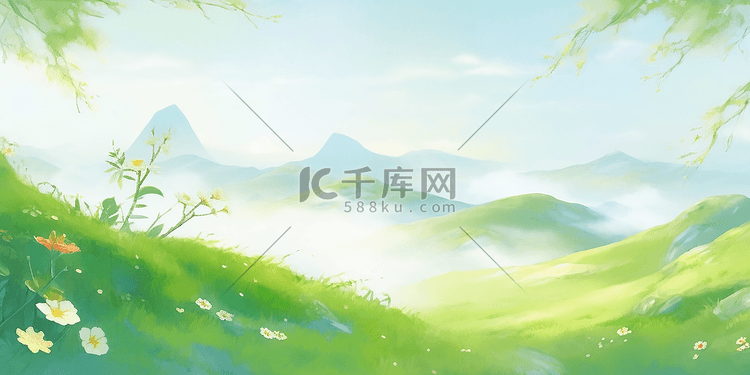 春天春季自然风景中国风风雅意境山水插画