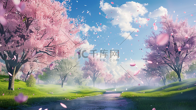樱花花瓣在空中飞舞插画图片