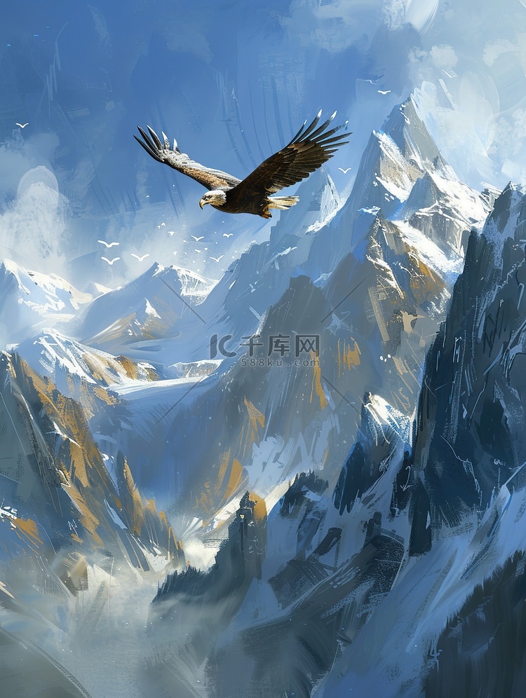 雄鹰飞越群山雪山插画图片