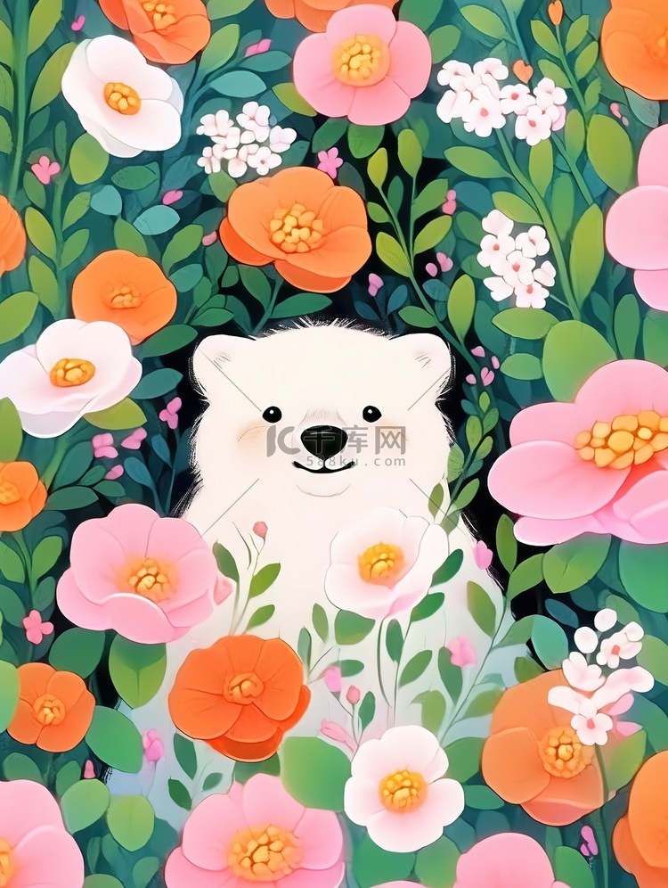 可爱的小白熊躲在花丛中矢量插画