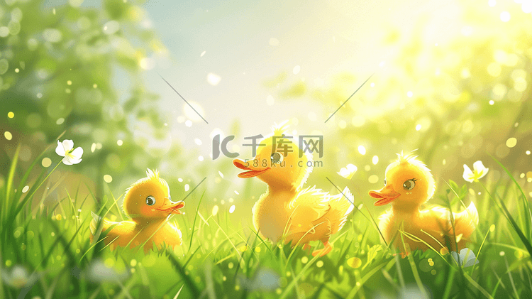春天里户外小鸭子在草坪上开心的插画14