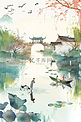 湖水风景手绘清明节插画海报