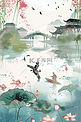 清明节湖水风景手绘海报插画