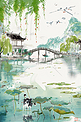 湖水风景清明节手绘插画海报