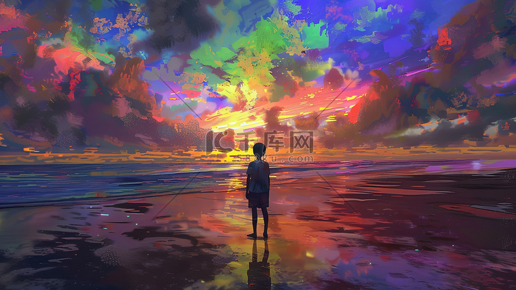 男孩站在海滩上梦幻孤独原创插画