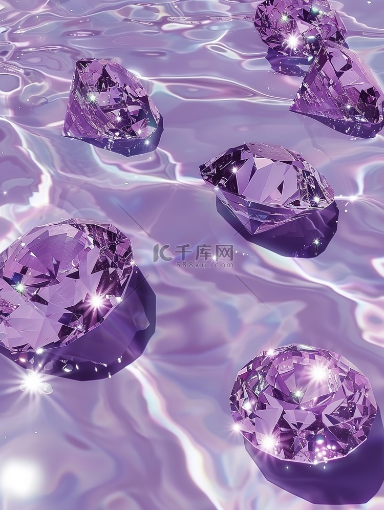 闪亮的钻石漂浮在淡紫色的水上矢量插画