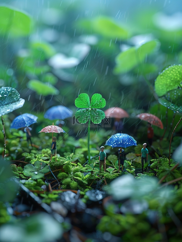 三叶草雨天微观场景矢量插画