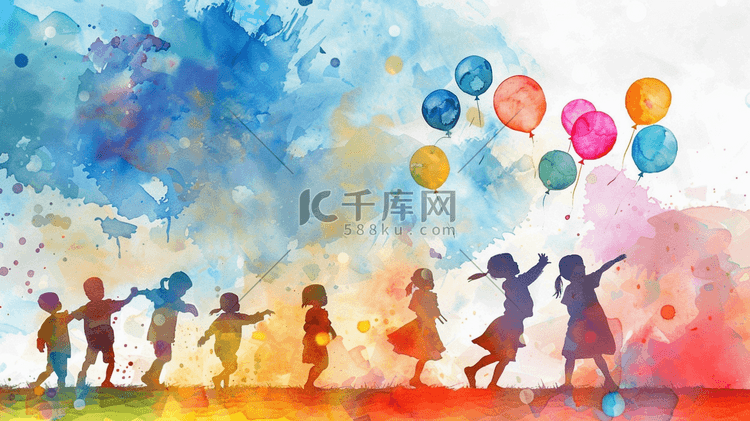 彩色手绘艺术绘画孩童放气球的插画1