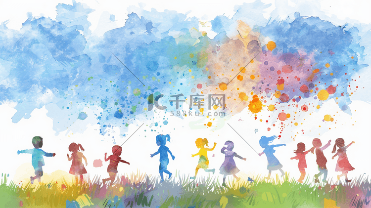 彩色手绘艺术绘画孩童放气球的插画10