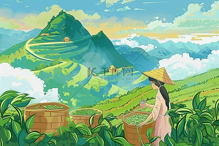 茶园手绘插画海报采茶