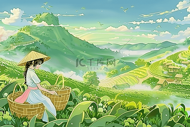 茶园采茶手绘插画海报