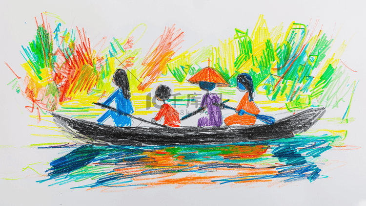 春季划船游玩儿童手绘插画9