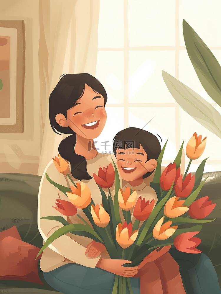 妈妈抱着一束鲜花和孩子插画