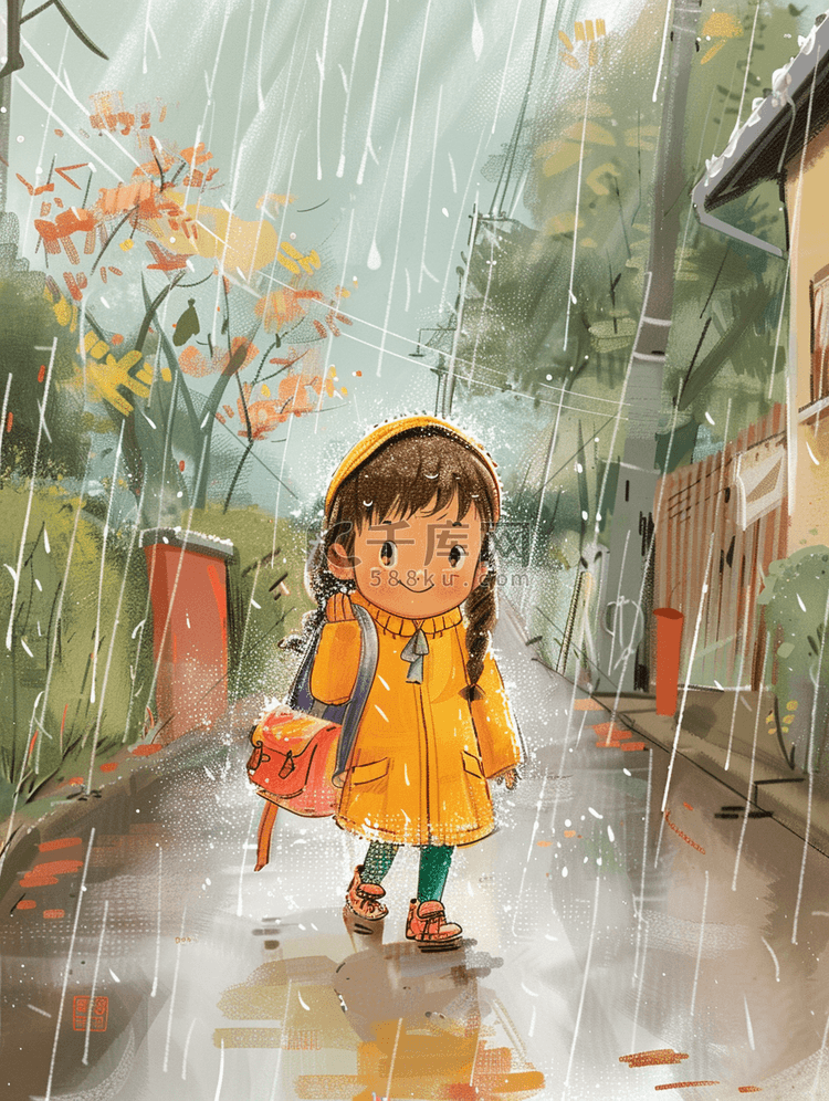 彩色卡通女孩雨季下雨穿雨披的插画2