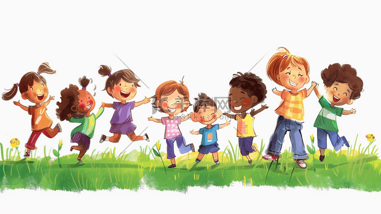 彩色手绘户外草坪草地儿童开心玩耍插画1