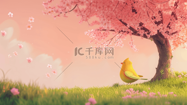 春天公园里粉色树木小鸟的插画13