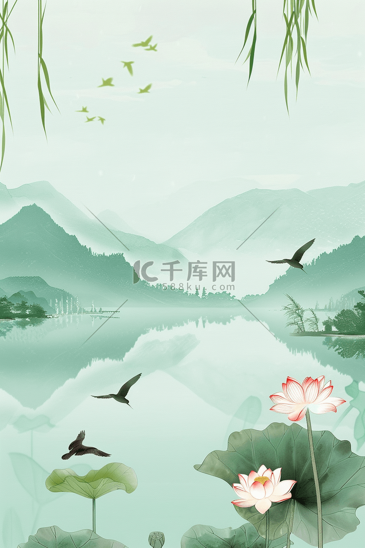 手绘海报清明节清明低垂柳树燕子湖泊插图
