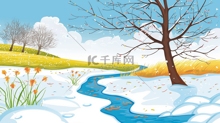 彩色绘画艺术户外景区树木河流的插画4