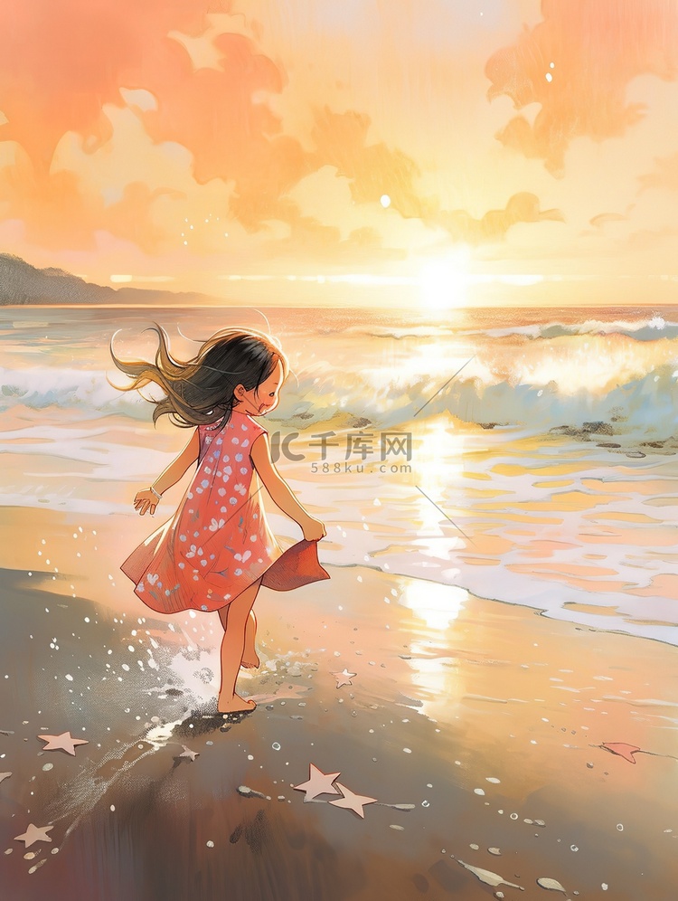 梦幻可爱的小女孩在海滩上奔跑插画海报