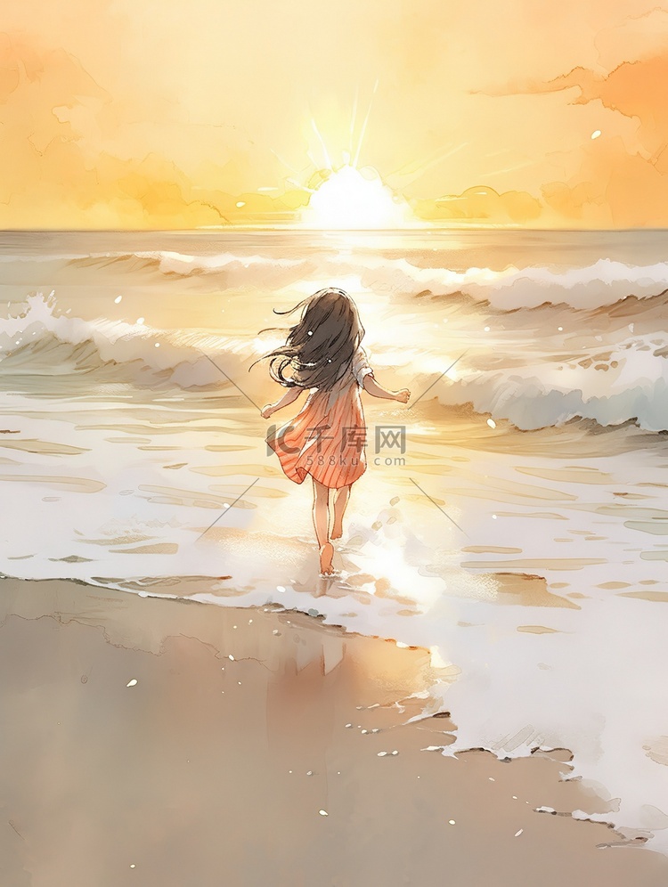 梦幻可爱的小女孩在海滩上奔跑原创插画