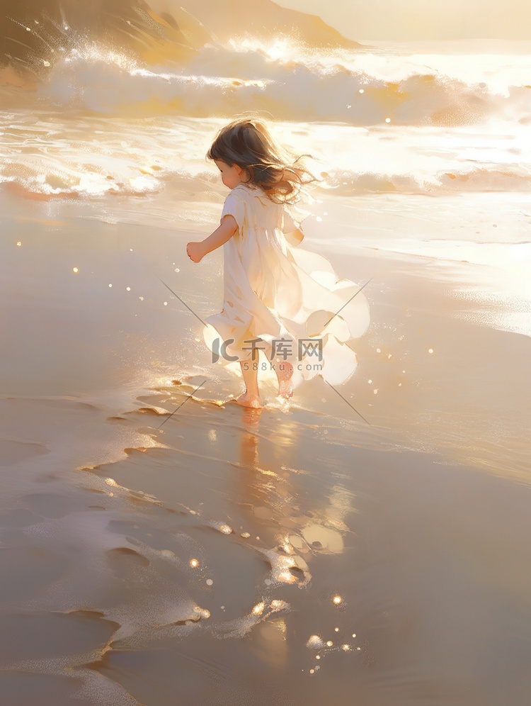 梦幻可爱的小女孩在海滩上奔跑插画设计