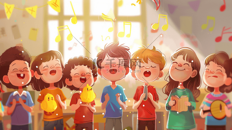 彩色绘画儿童室内开心唱歌的插画2