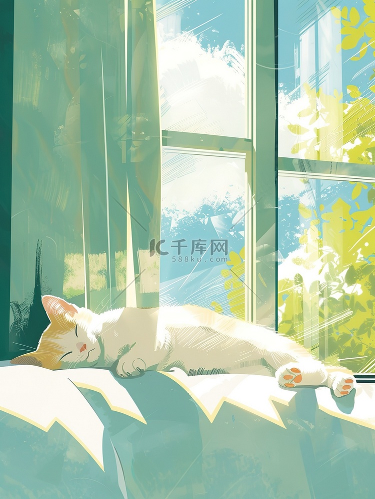 慵懒的小猫在窗台上睡觉矢量插画