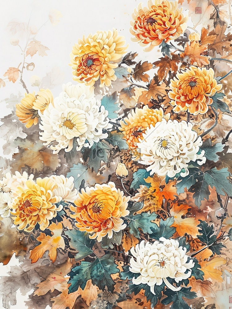 菊花花朵美丽水彩画插画图片