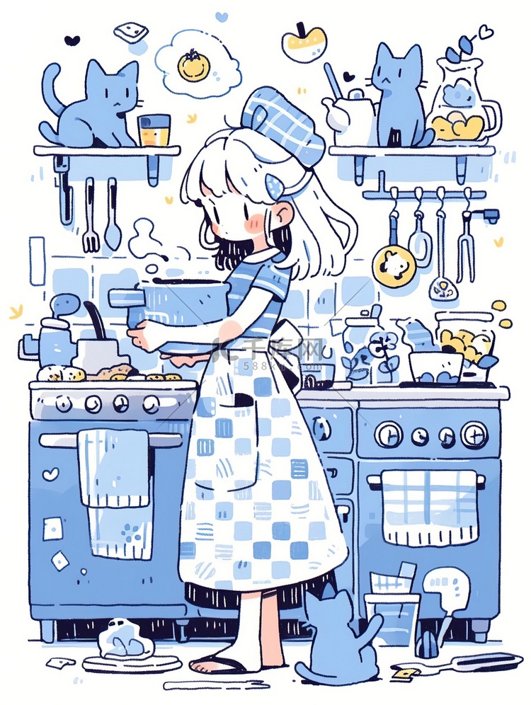 浅蓝色连衣裙可爱女孩做饭原创插画