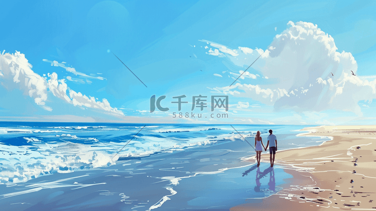 蓝天白云下大海沙滩上情侣散步的插画3