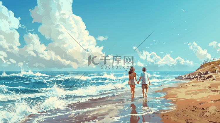 蓝天白云下大海沙滩上情侣散步的插画23