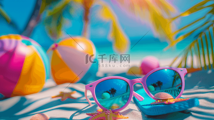 夏天泳池泳镜玩具球沙滩的插画9