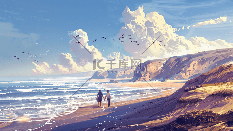 蓝天白云下大海沙滩上情侣散步的插画13