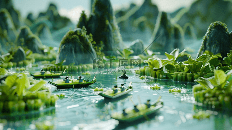 绿色立体山水风景区景色的插画