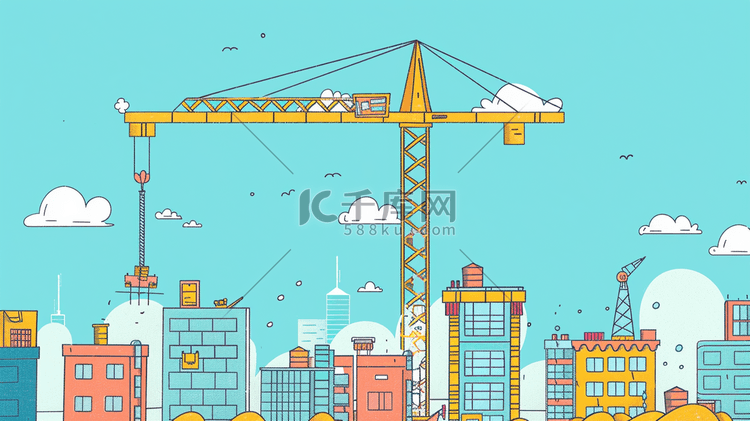 蓝色卡通立体城市建设建筑的插画