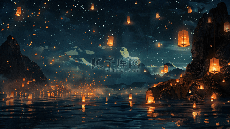 手绘深色夜晚星空河面上清明节放灯的插画