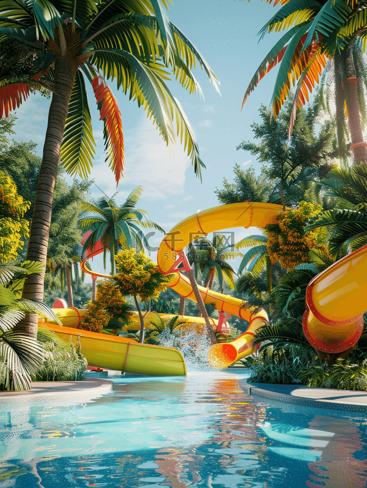 彩色水上游乐场树木景区水上滑梯的插画