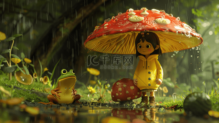 彩色雨季卡通森林里女孩打蘑菇伞的插画